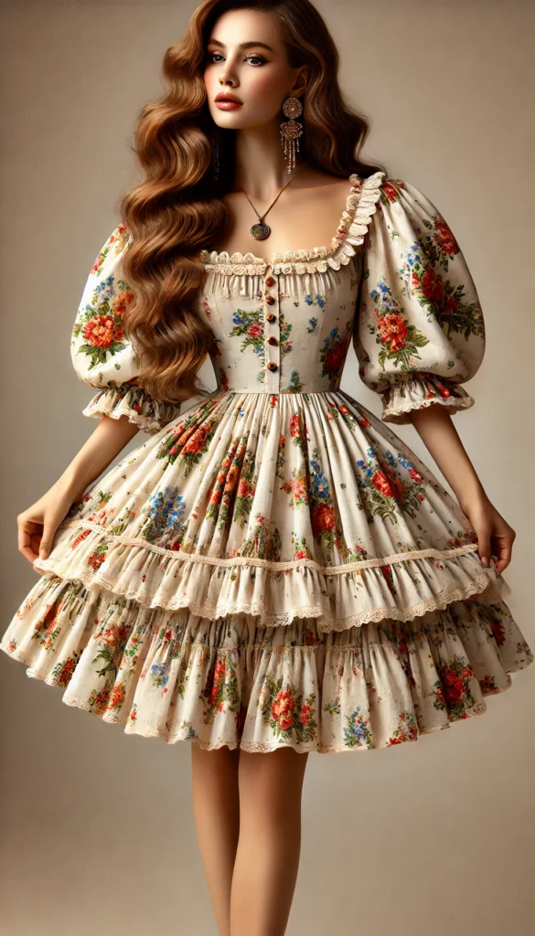 Dall·e 2024 11 14 10.12.51 A Woman Wearing A Classic 'utah' Dress With Puffed Sleeves, A Floral Pattern, And A Tiered Skirt That Falls At Least To The Knee. She Is Wearing Cute